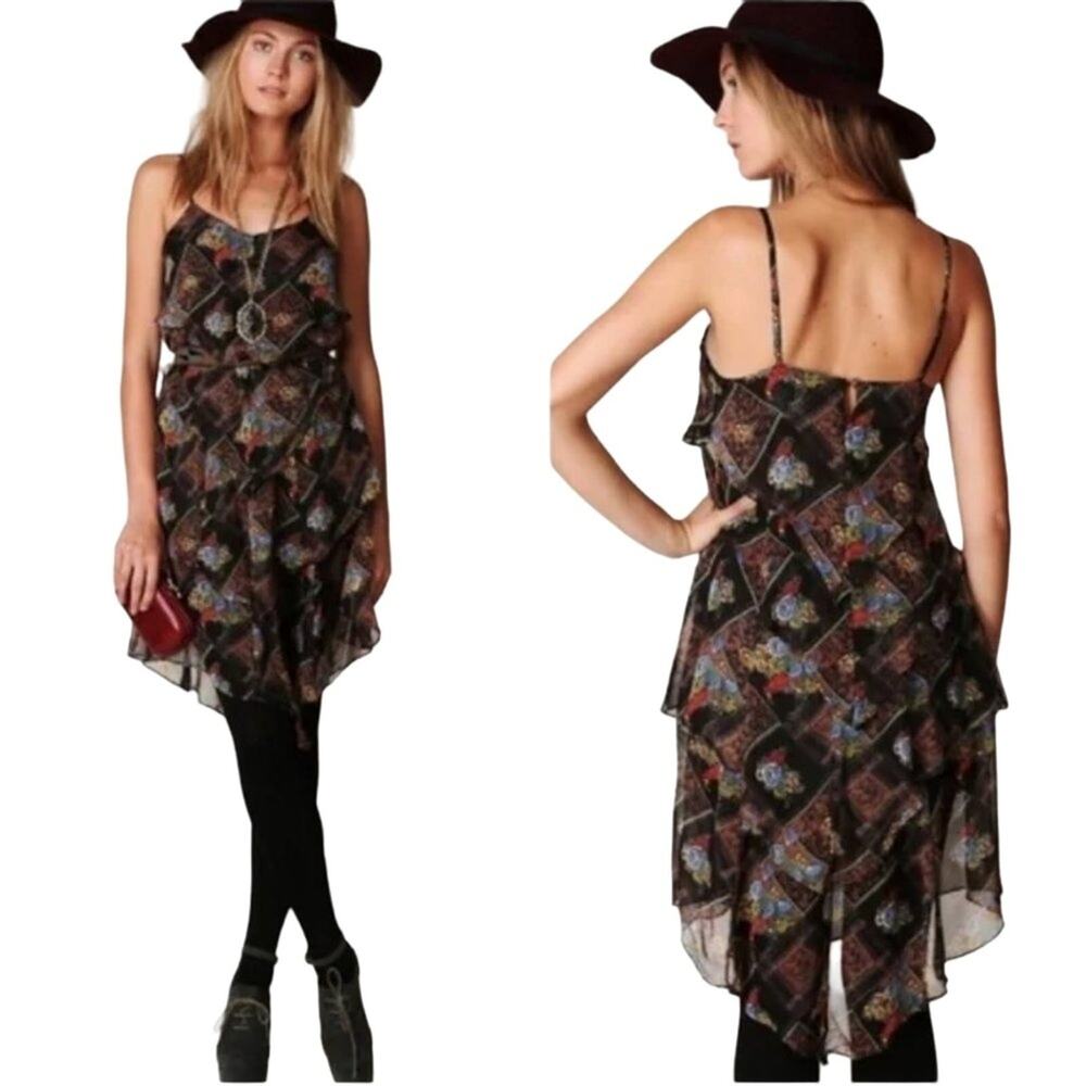 Free People Layered Sun Dress Sz S BROWN Ruffled Bohemian Fairygoth Cottagecore
